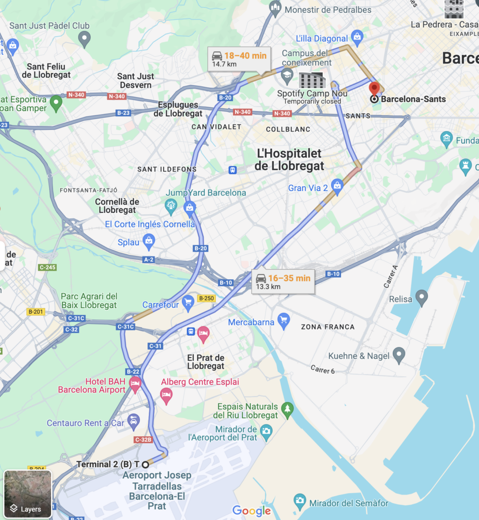 Google Map Directions from Barcelona Spain Airport to the Sants Train Station
